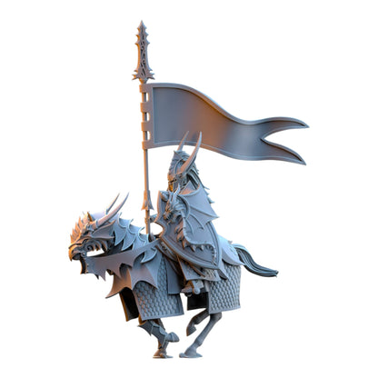 CT Miniatures UK Dragonborn Knight on armored horse with banner, 32mm grey resin fantasy wargaming miniature