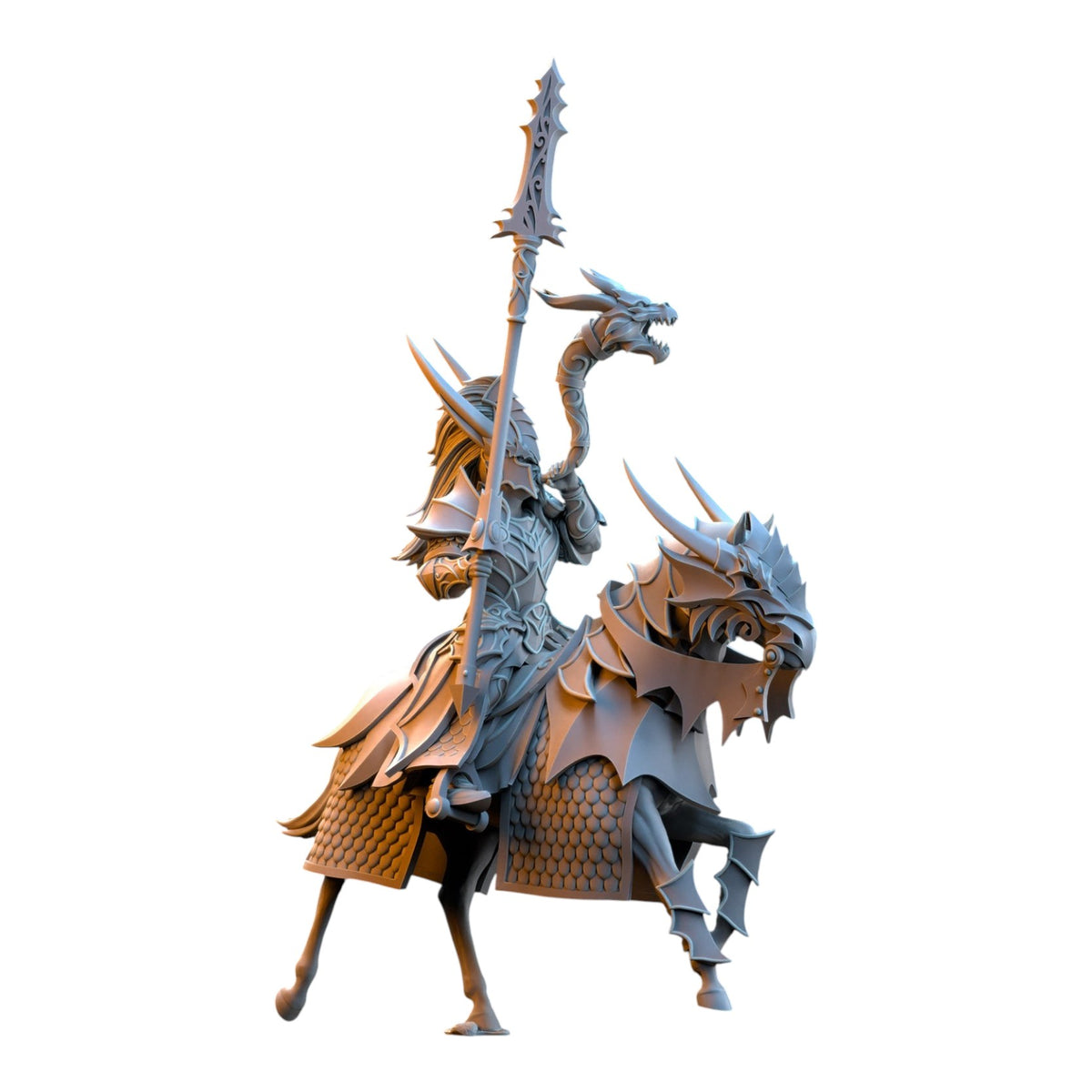 CT Miniatures UK Dragonborn Knight on armored horse miniature, 3D printed in grey resin with intricate fantasy armor.