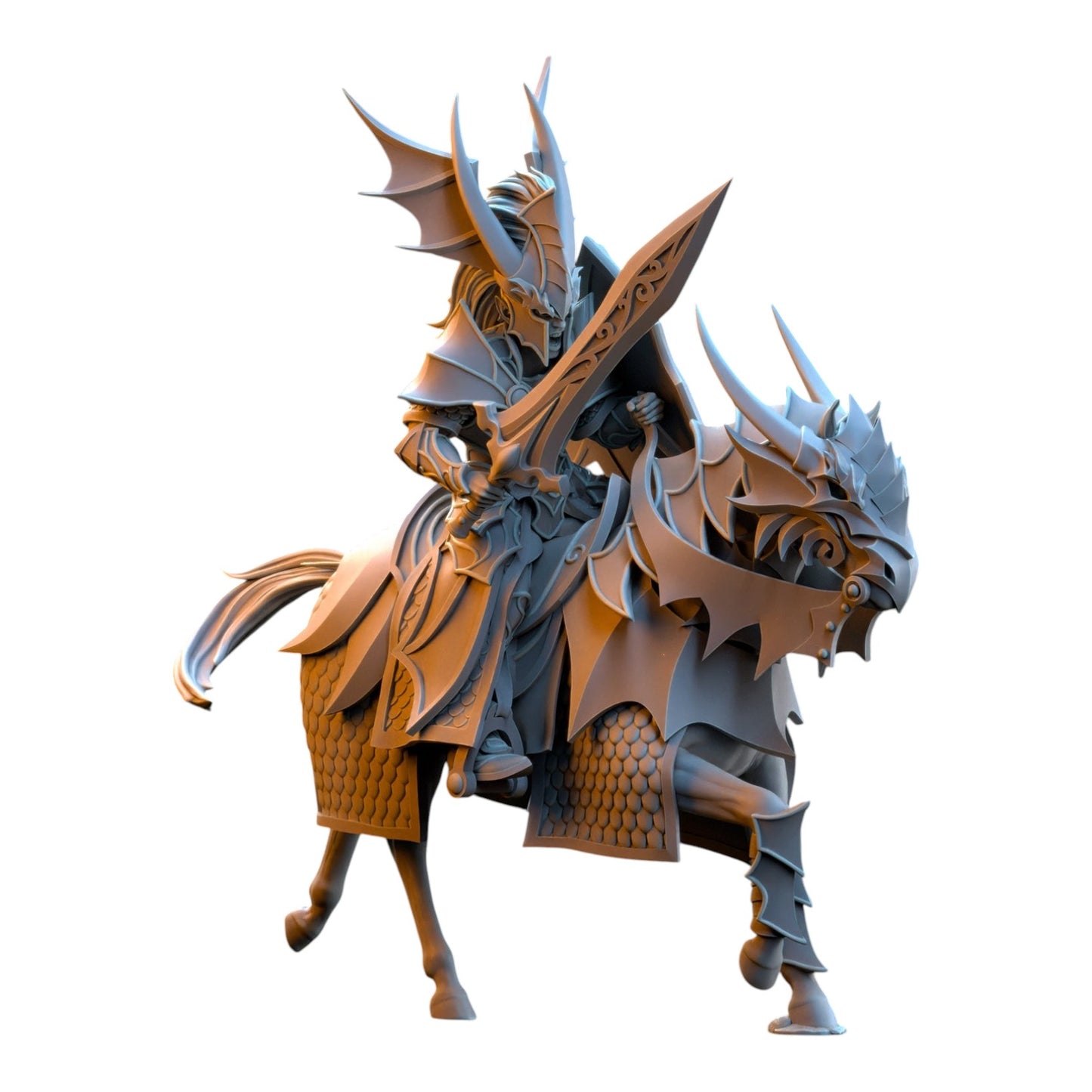 CT Miniatures UK 3D printed grey resin Dragonborn Knight on horseback, featuring intricate fantasy armor and sword.