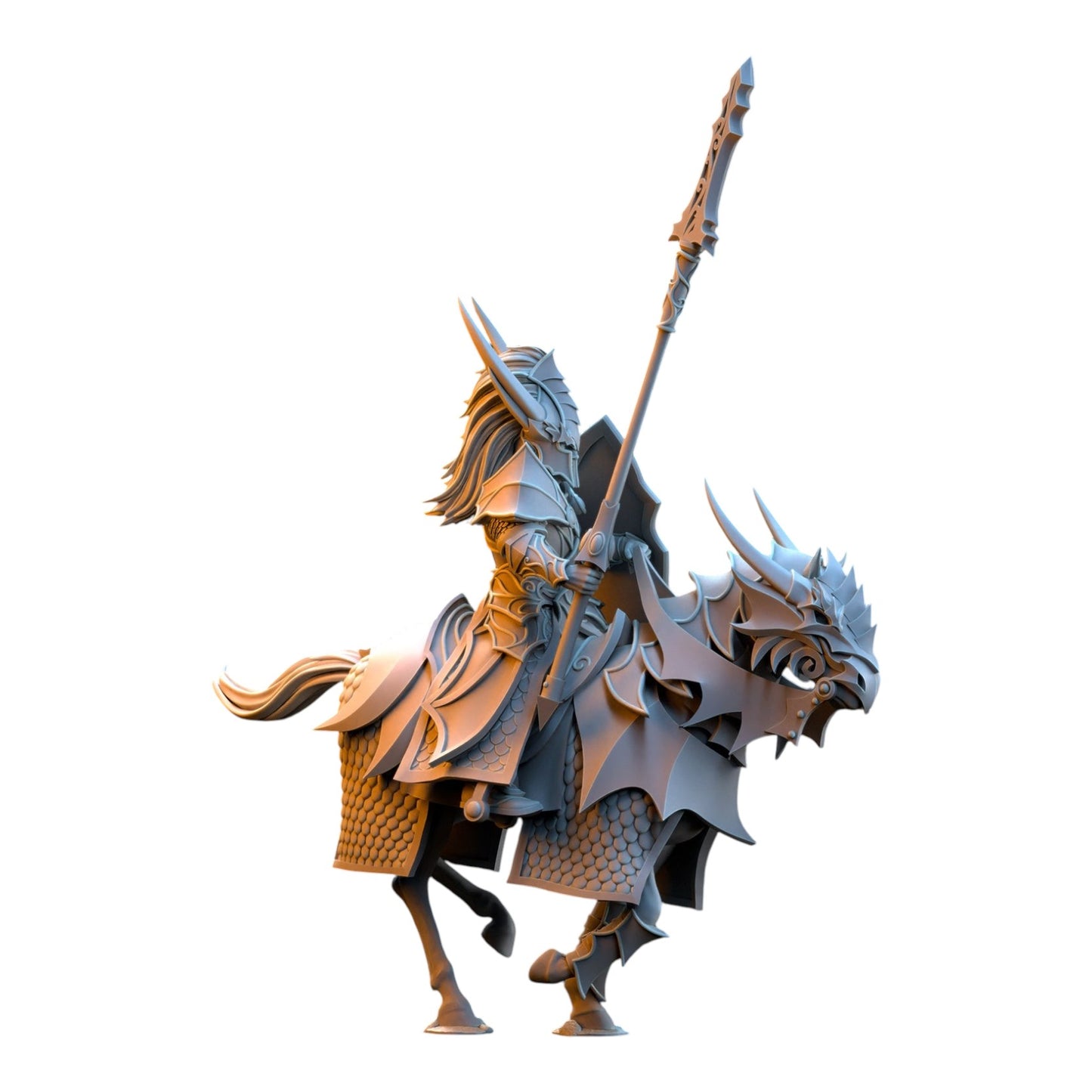 CT Miniatures UK 32mm grey resin Dragonborn Knight on armored horse with spear for tabletop gaming