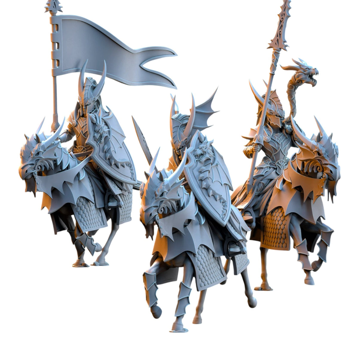CT Miniatures UK Dragonborn Knights Command Group 32mm grey resin fantasy wargaming miniatures on armored steeds