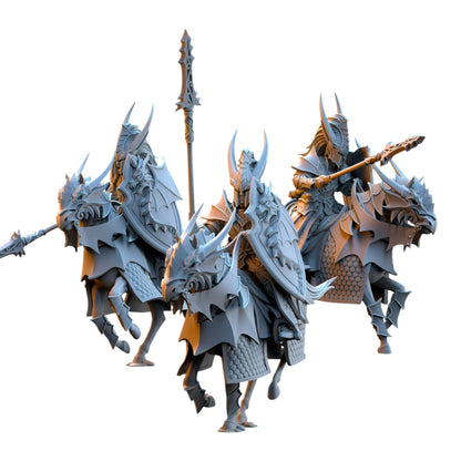 CT Miniatures UK set of three grey resin Dragonborn Knights on armored mounts for tabletop fantasy wargaming