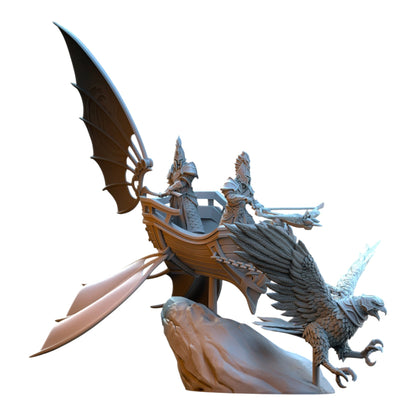 CT Miniatures UK grey resin Eagle Chariot miniature with Silvermoor Elves riders for fantasy tabletop gaming.
