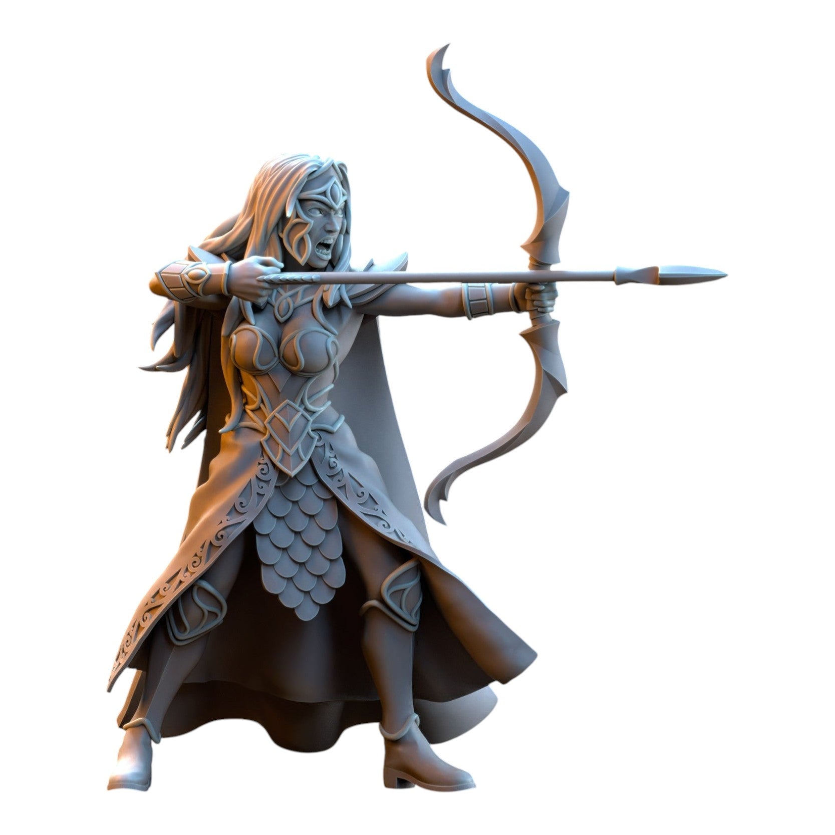 CT Miniatures UK 32mm grey resin elf archer miniature from the Silvermoor Elves collection in a dynamic combat pose.