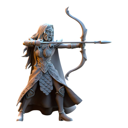 CT Miniatures UK 32mm grey resin elf archer miniature from the Silvermoor Elves collection in a dynamic combat pose.