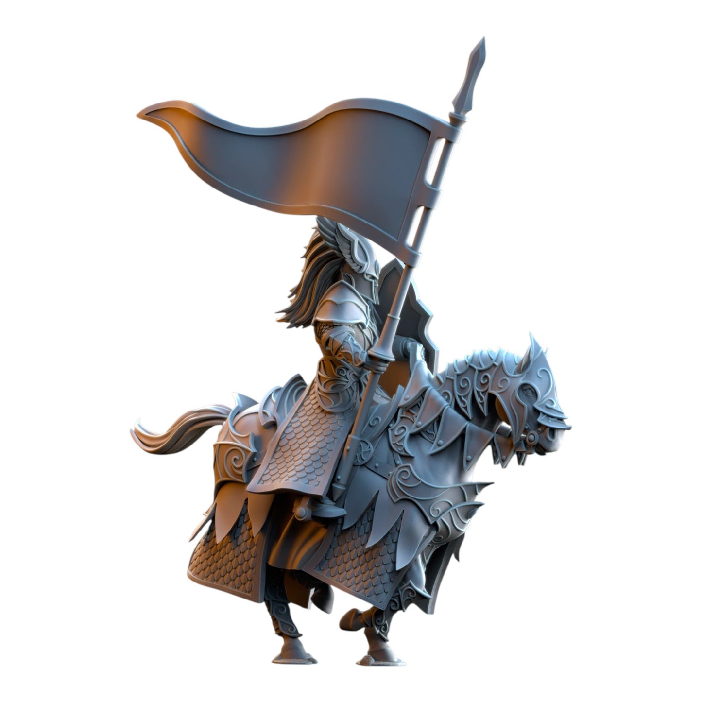 CT Miniatures UK Knights of Ashur elf knight on armored horse holding a banner, 32mm grey resin tabletop miniature.