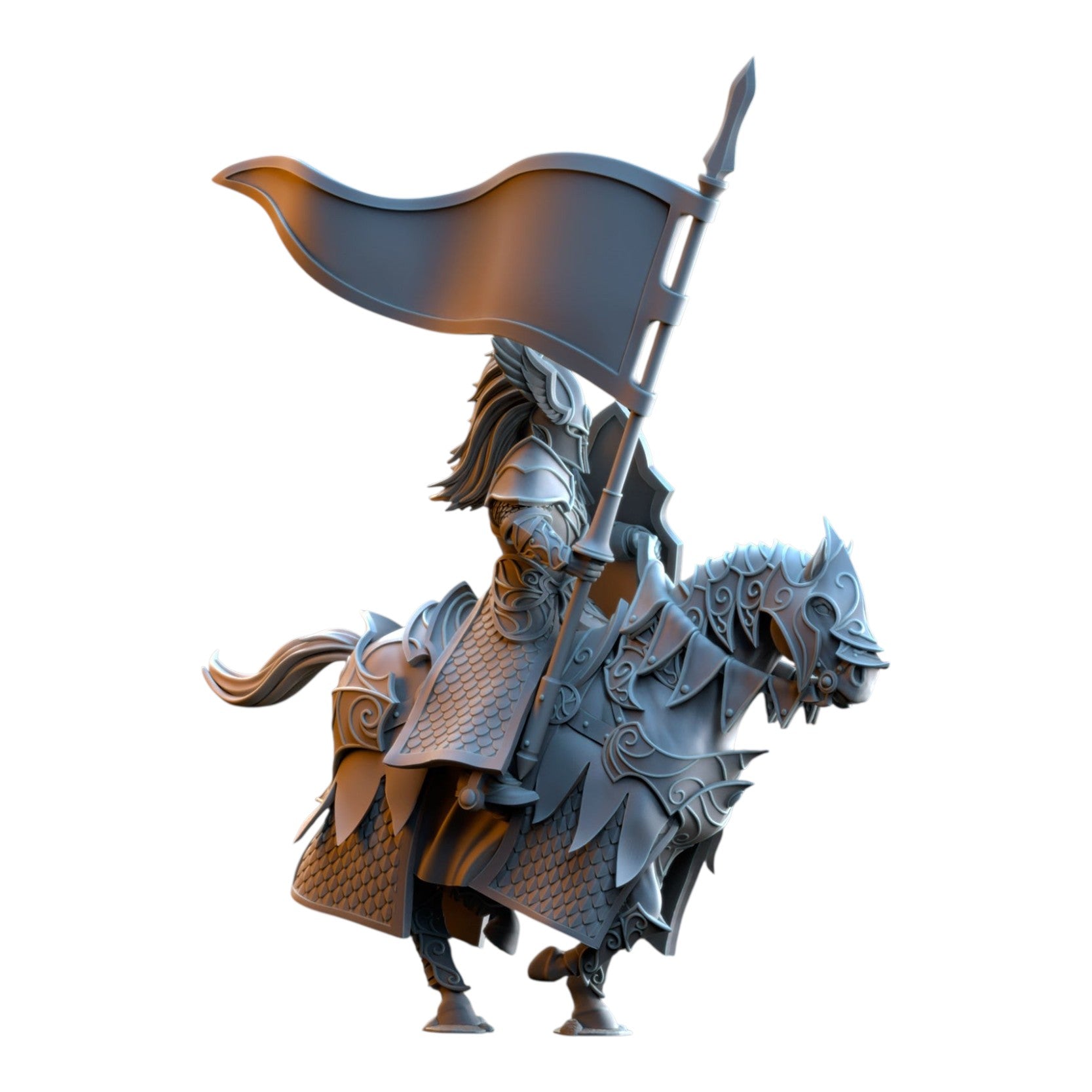 CT Miniatures UK Knights of Ashur elf knight on armored horse holding a banner, 32mm grey resin tabletop miniature.
