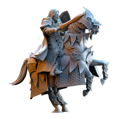 CT Miniatures UK Knights of Ashur elf knight on armored horse 3D printed grey resin miniature for tabletop gaming