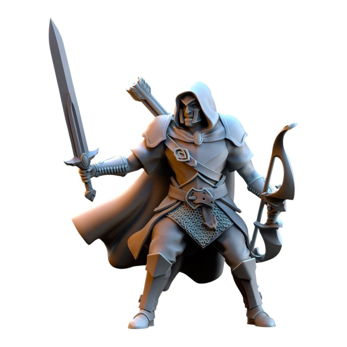 CT Miniatures UK Shades of Ashur grey resin elf ranger miniature with sword, bow, and cloak for tabletop gaming.