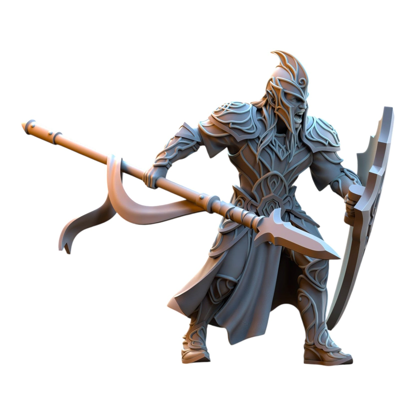 CT Miniatures UK Silvermoor Elven Warrior miniature in grey resin with lance and shield for tabletop wargaming