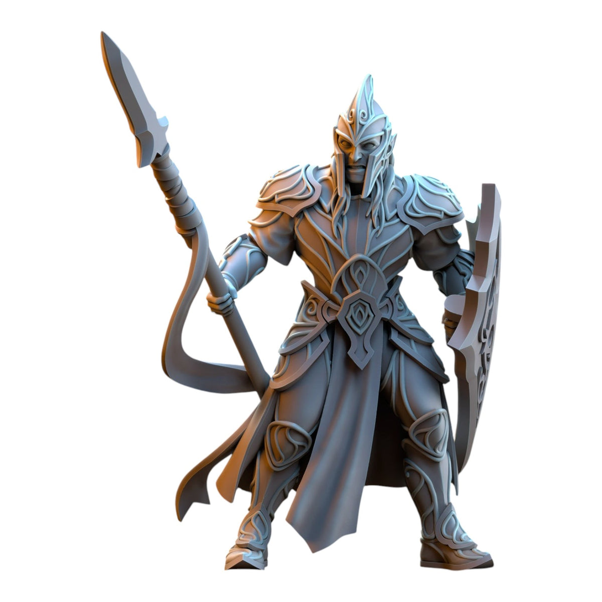 CT Miniatures UK 32mm Elven Warrior miniature in grey resin, featuring intricate armor, a lance, and a shield.
