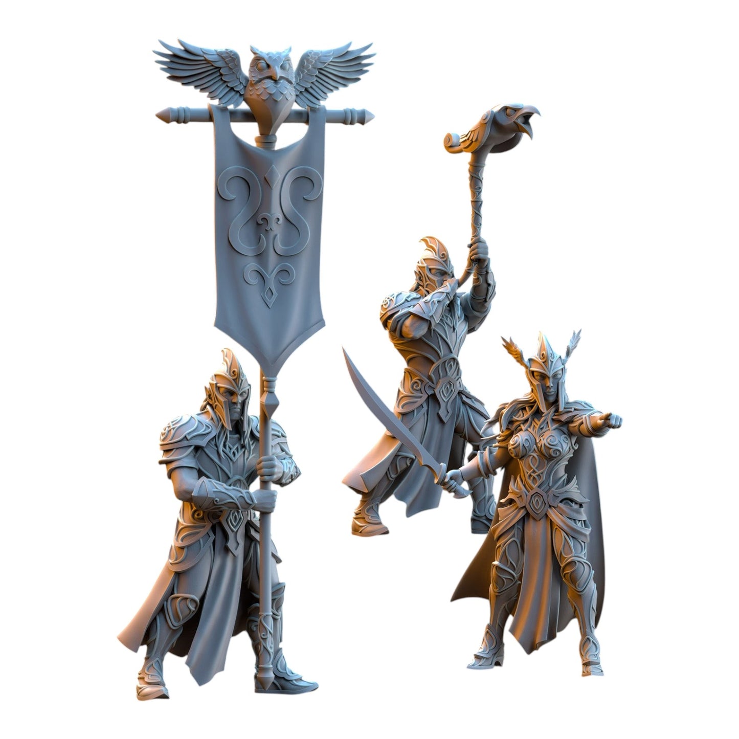 CT Miniatures UK 32mm Silvermoor Elven Warrior resin miniatures with swords, lances, shields, and an owl banner.