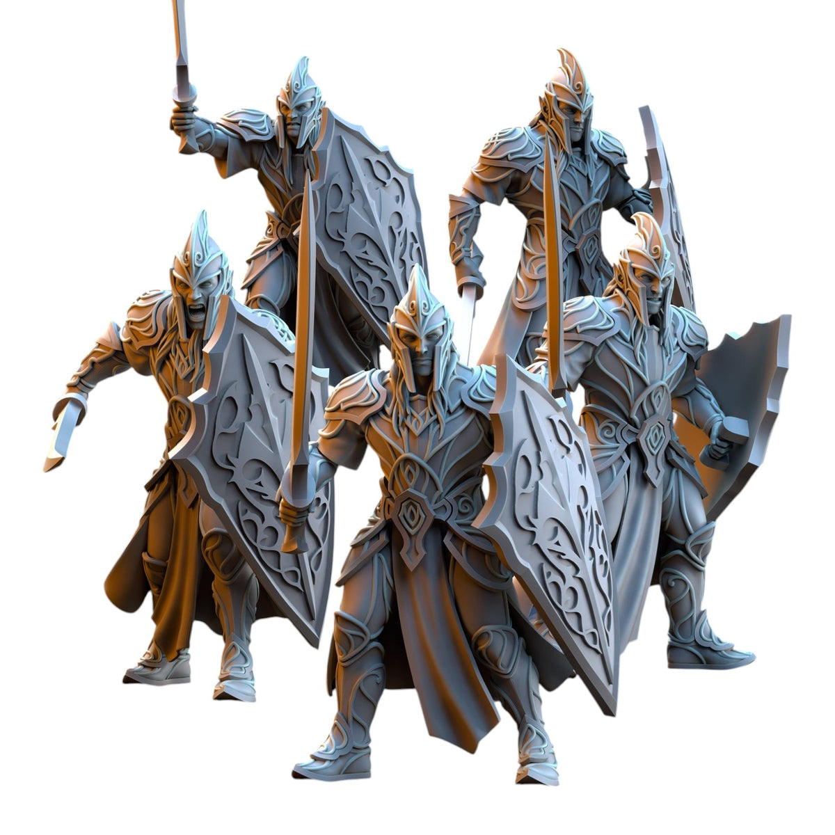 CT Miniatures UK Silvermoor Elven Warriors 3D printed grey resin tabletop gaming miniatures with swords and shields
