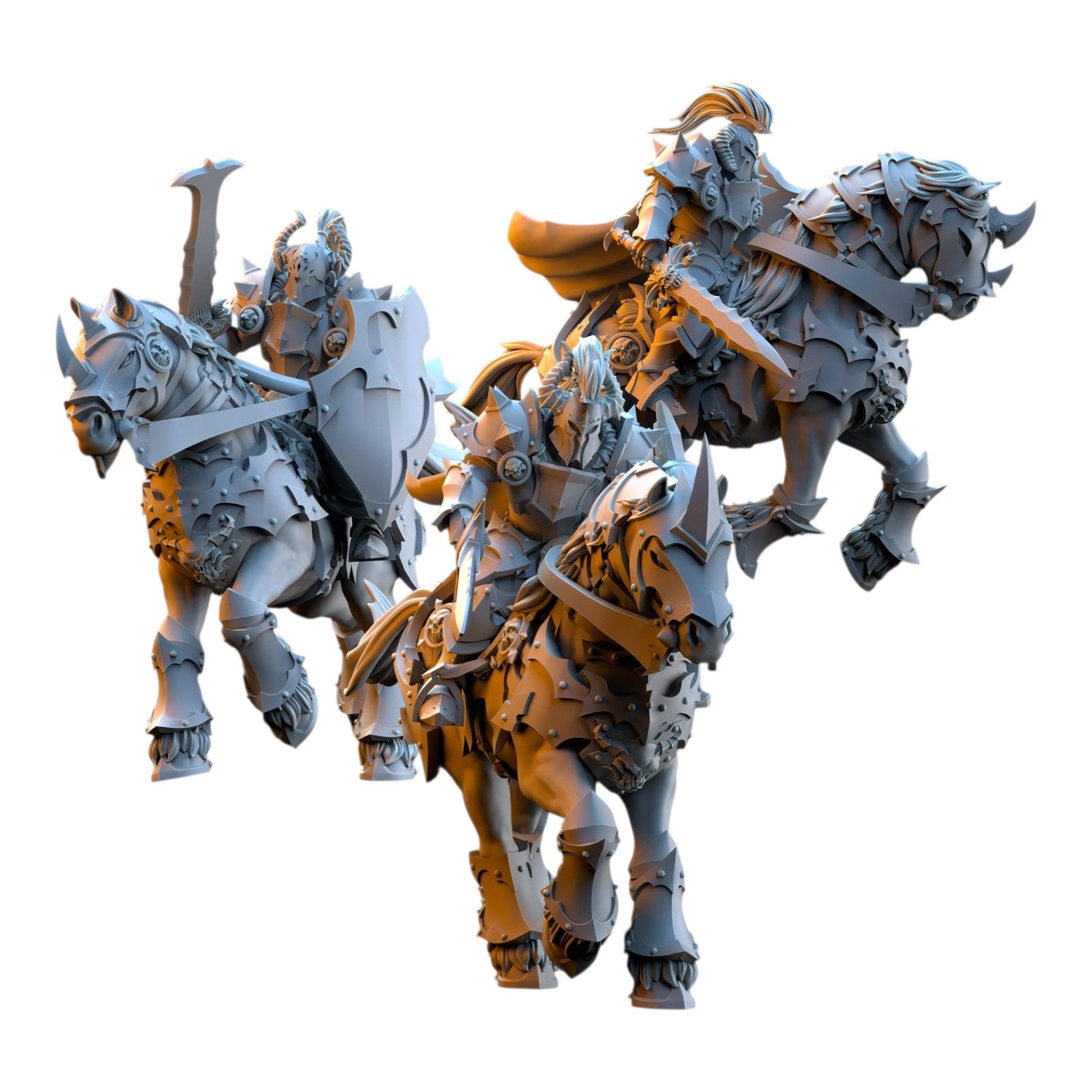 CT Miniatures UK set of three grey resin 32mm fantasy knights on armored warhorses with weapons and shields
