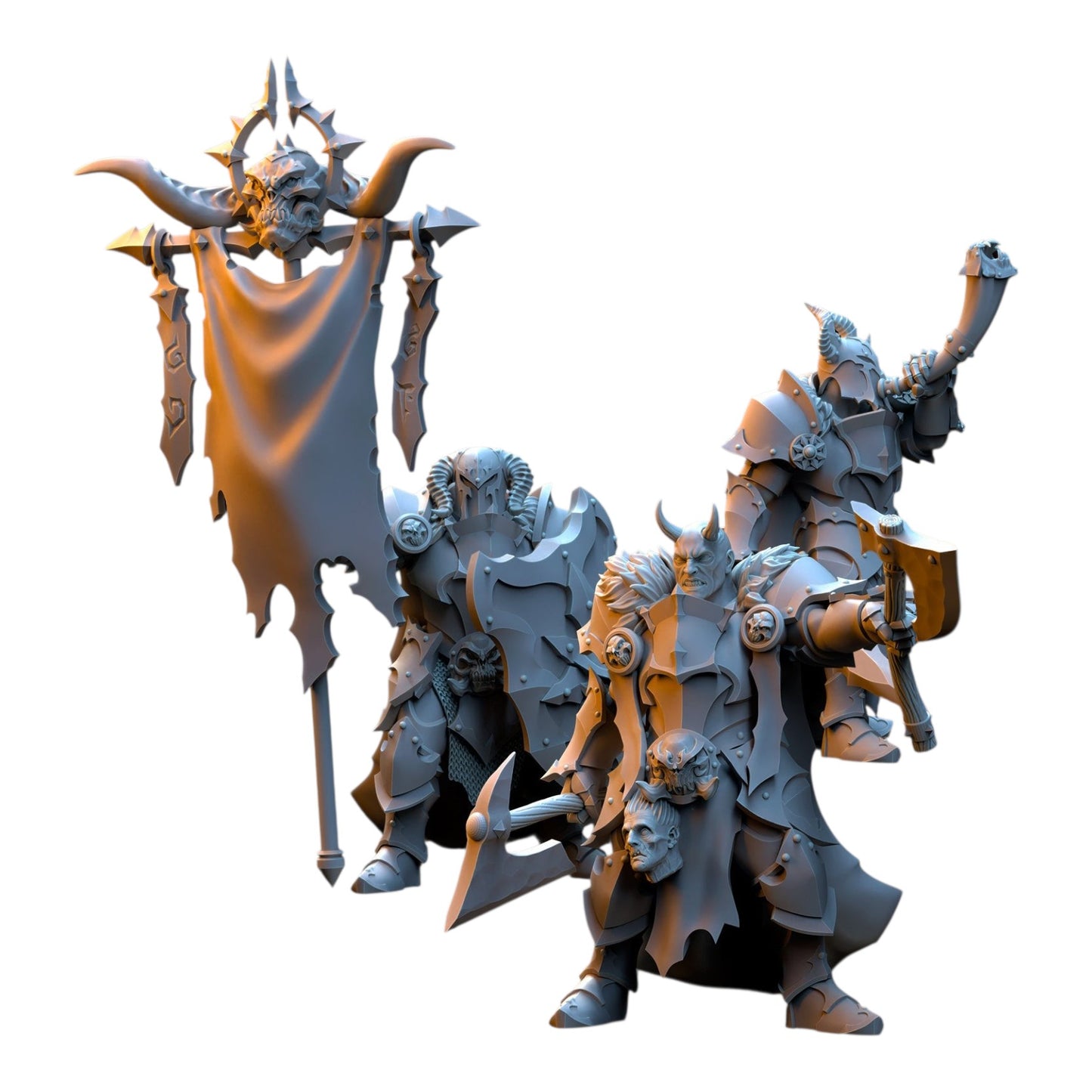 CT Miniatures UK 32mm grey resin fantasy warrior command group with sergeant, musician, and standard bearer miniatures.