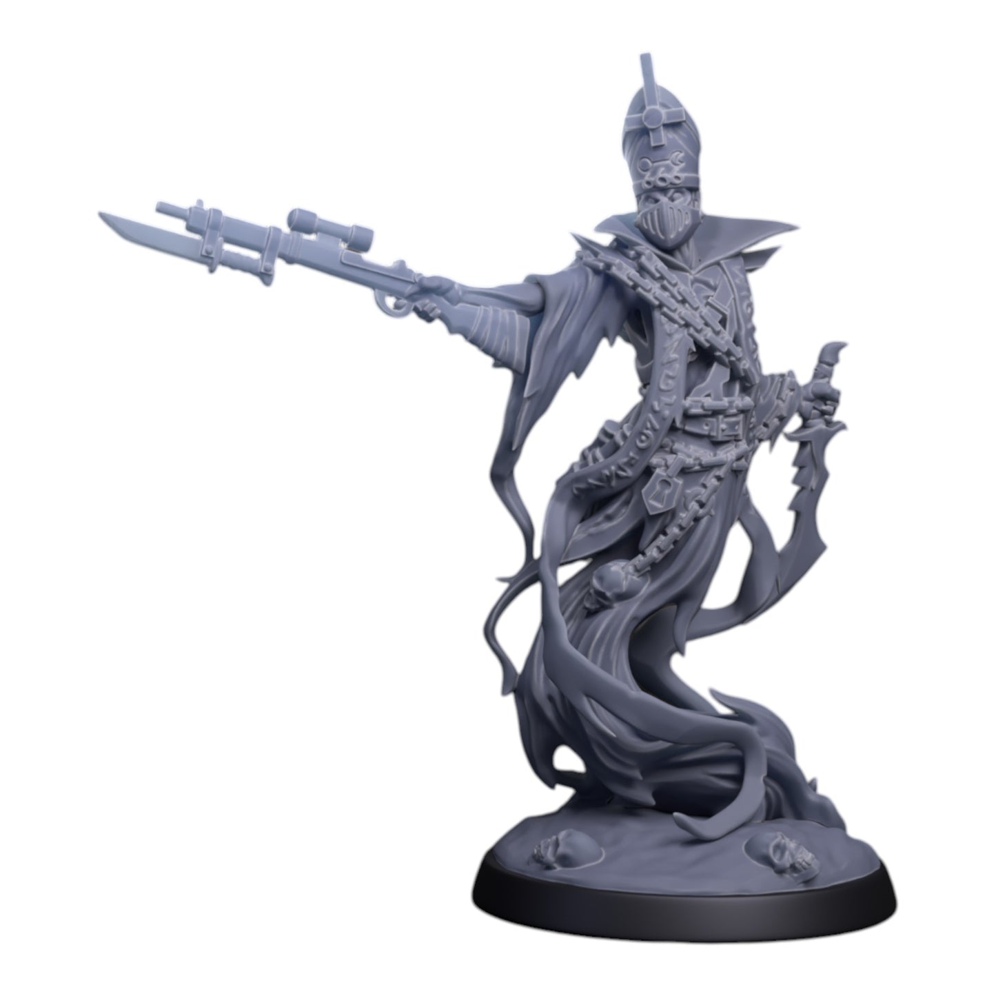 CT Miniatures UK Ghostly Priest miniature, a spectral figure in tattered robes holding a rifle with bayonet and a dagger.
