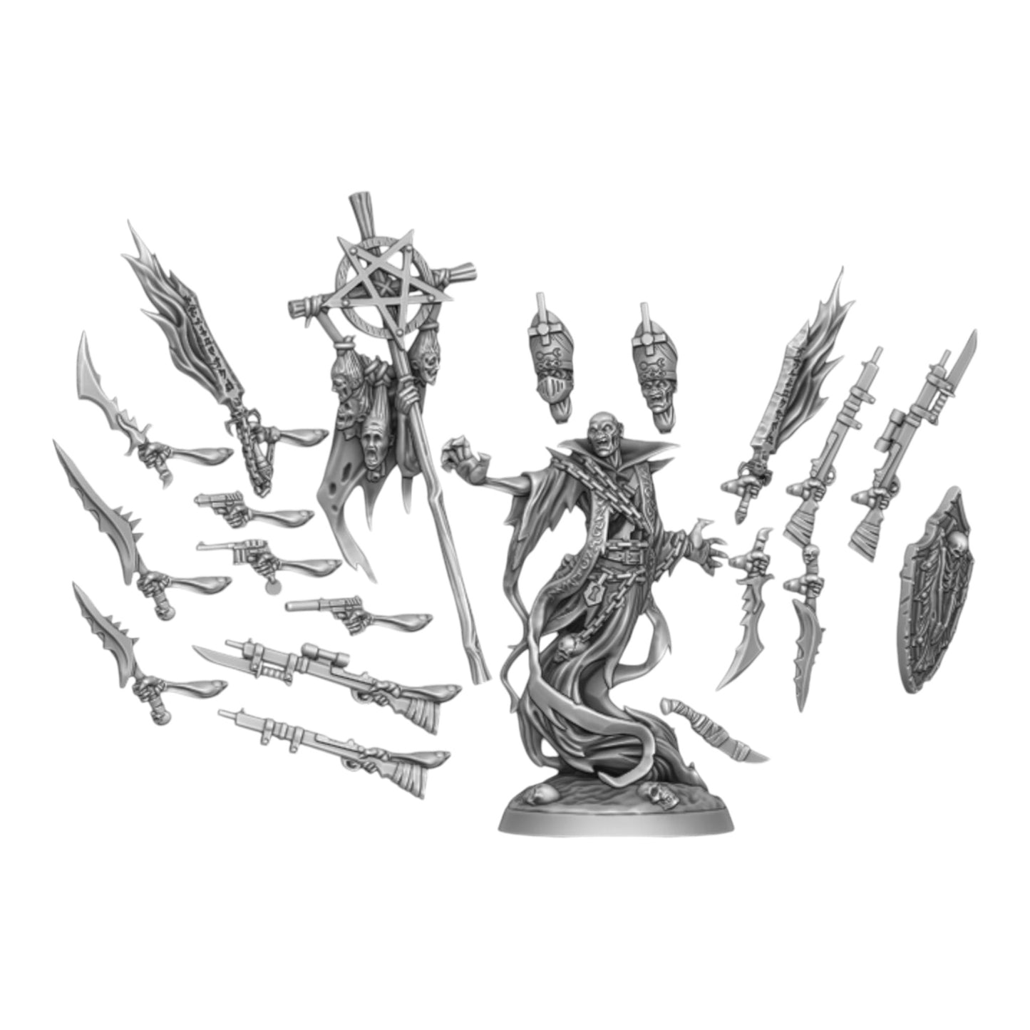 CT Miniatures UK Ghostly Priest miniature with tattered robes, mace, and skull details. Includes weapons and base.
