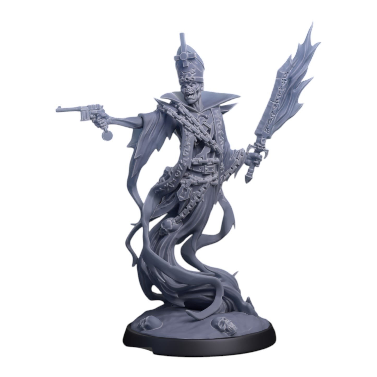 CT Miniatures UK Ghostly Priest miniature with tattered robes, mace, pistol, and skull base.