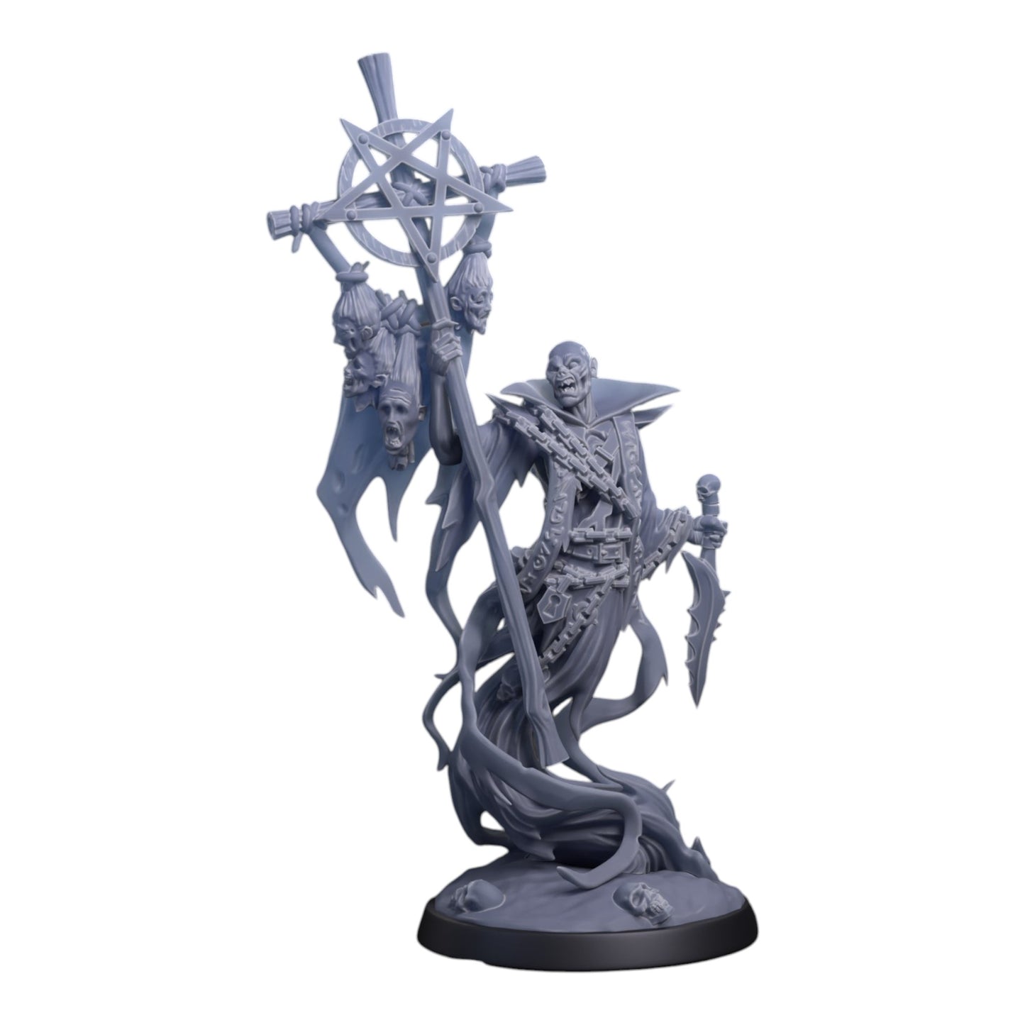 CT Miniatures UK Ghostly Priest miniature, a spectral figure in tattered robes holding a mace with a pentagram and skulls, with a sword.