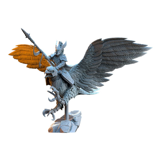 CT Miniatures UK Glorinder on King Eagle fantasy resin miniature, grey, highly detailed elf rider with spear.
