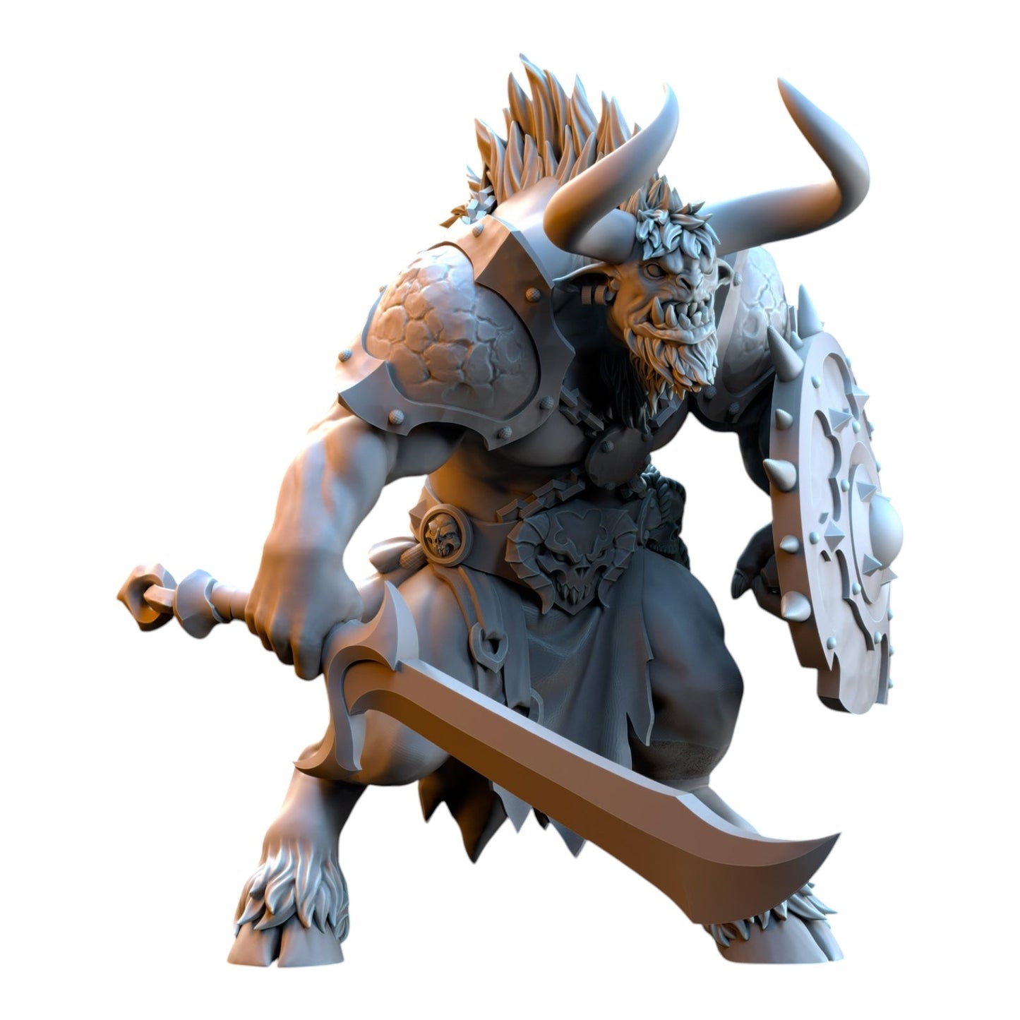 CT Miniatures UK grey resin minotaur warrior miniature holding a large sword and spiked shield for tabletop gaming