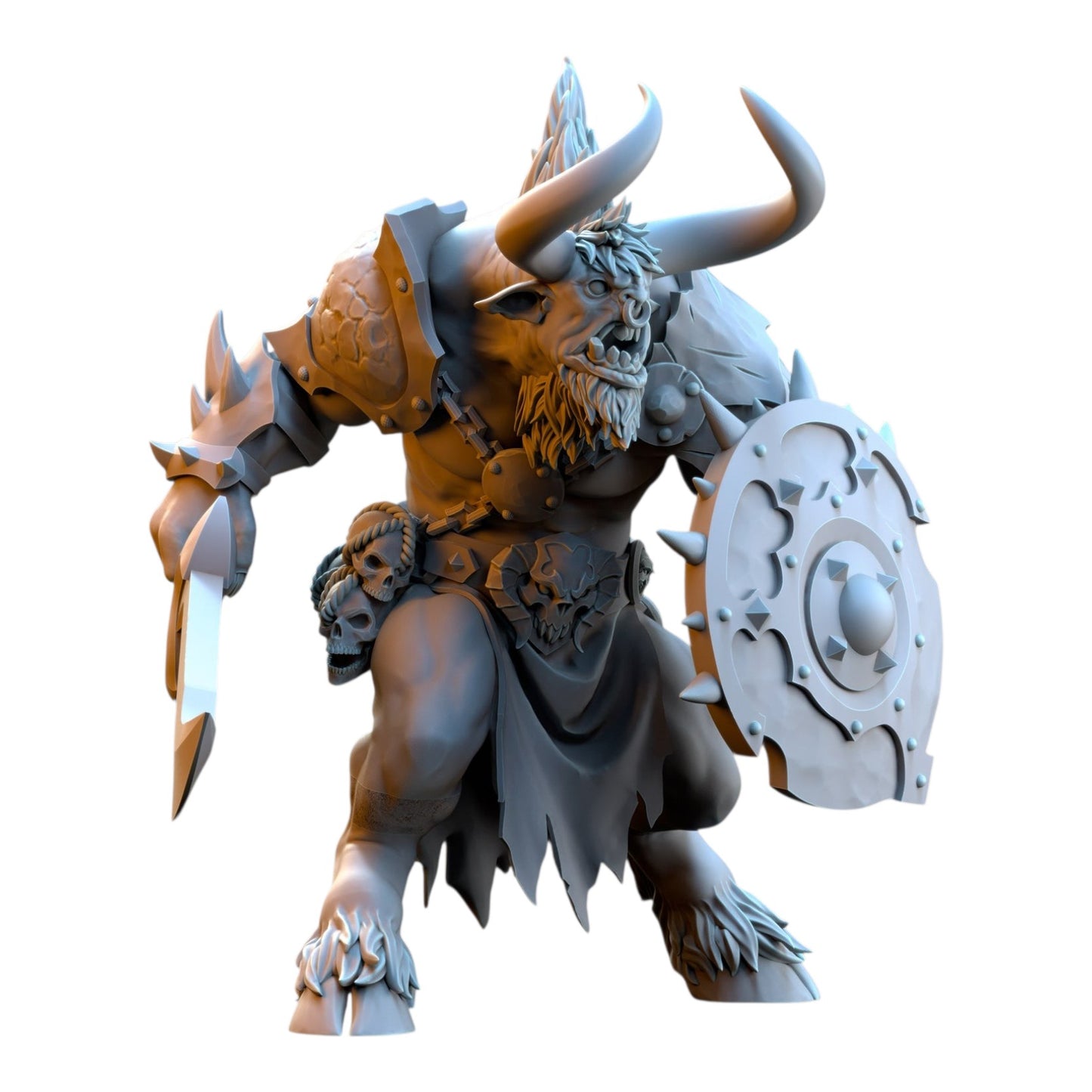 CT Miniatures UK 32mm grey resin minotaur warrior miniature holding a sword and spiked shield for tabletop gaming.