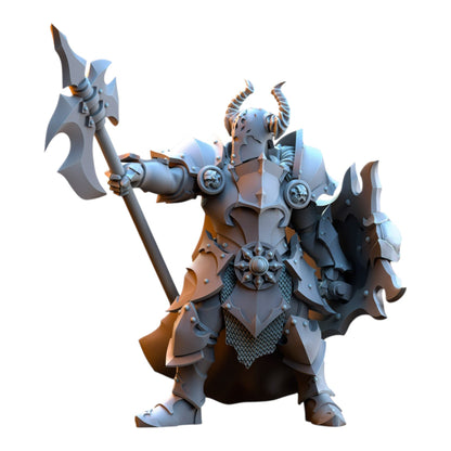 CT Miniatures UK 32mm grey resin fantasy warrior miniature with horned helmet, plate armor, and a large halberd.