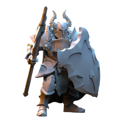 CT Miniatures UK 32mm grey resin fantasy warrior miniature with horned helmet, halberd, and shield for tabletop gaming.