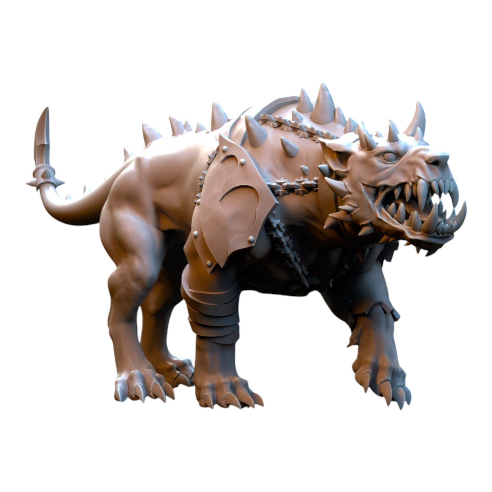 CT Miniatures UK 3D printed grey resin Hellhound miniature with spiked armour for fantasy tabletop wargaming