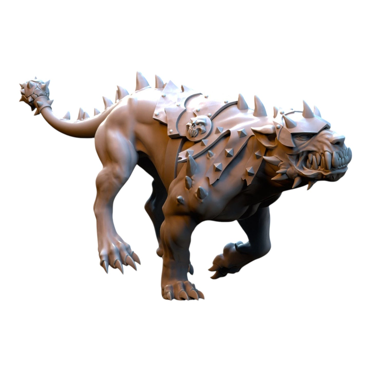 CT Miniatures UK 3D printed grey resin Hellhound miniature with spiked armor and skull detail for tabletop gaming.
