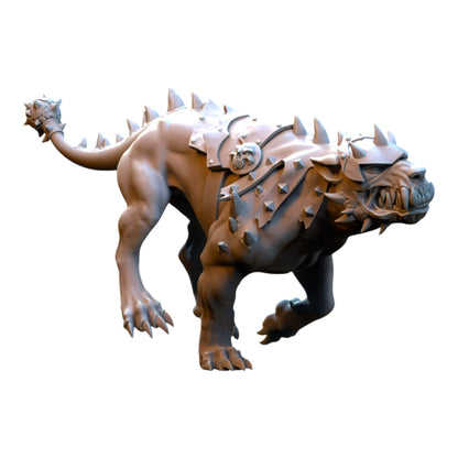 CT Miniatures UK 3D printed grey resin Hellhound miniature with spiked armor and skull detail for tabletop gaming.