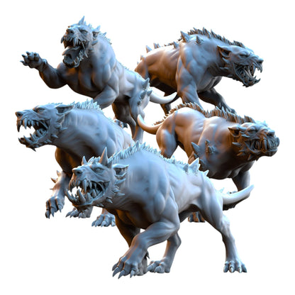 CT Miniatures UK set of five 3D printed grey resin hellhound fantasy wargaming miniatures in dynamic attack poses.