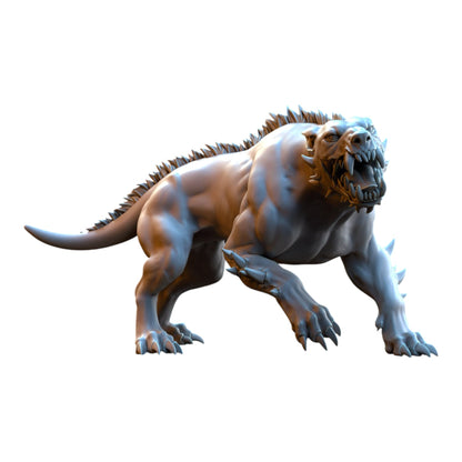 CT Miniatures UK 3D printed grey resin Hellhound fantasy wargaming miniature in a dynamic snarling pose
