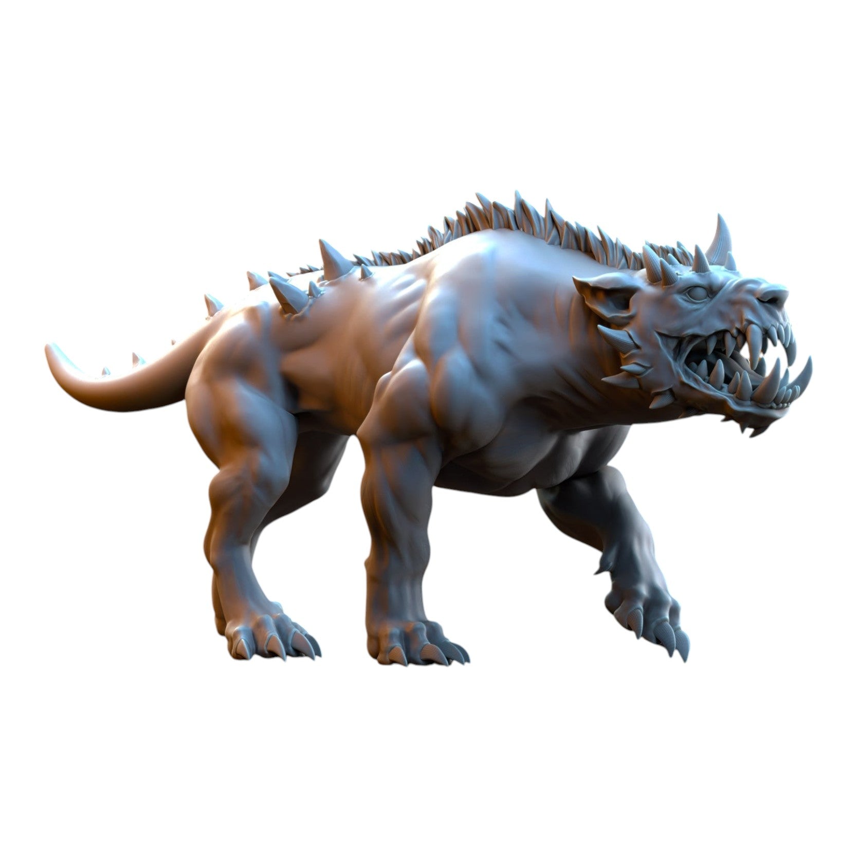 CT Miniatures UK 3D printed grey resin Hellhound fantasy wargaming miniature with spiky armor and sharp teeth.