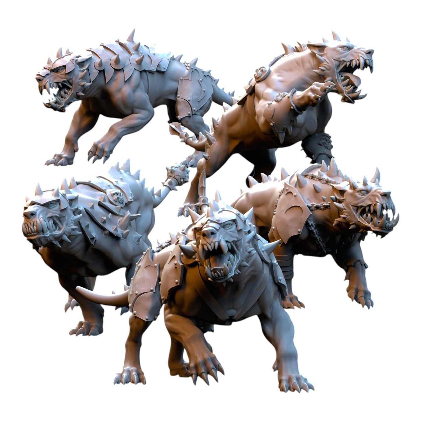 CT Miniatures UK grey resin 3D printed Hellhound wargaming miniatures with spiked armour and aggressive poses