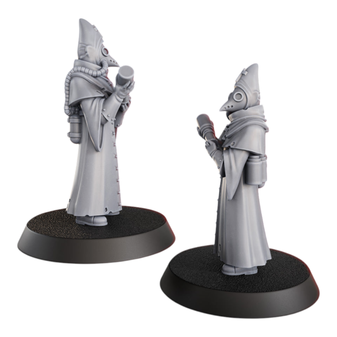 CT Miniatures UK Hospitaller miniature, a grey resin figure with a plague doctor-style mask and long robes, holding a syringe.