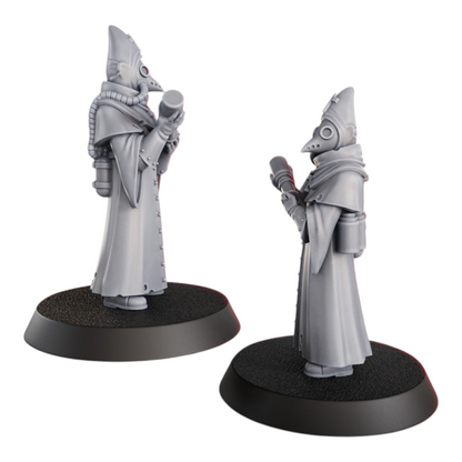 CT Miniatures UK Hospitaller miniature, a grey resin figure with a plague doctor-style mask and long robes, holding a syringe.