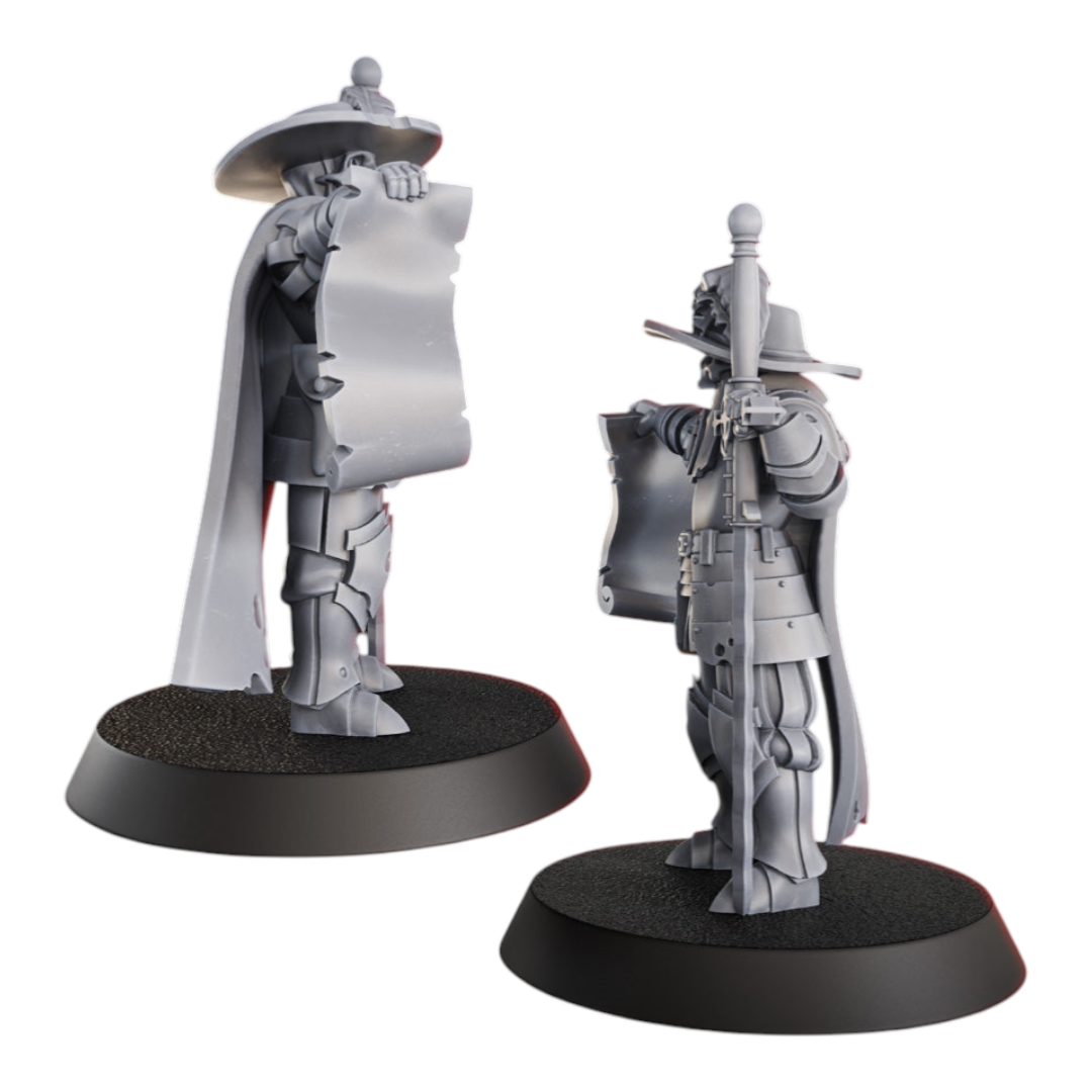 CT Miniatures UK Inquisitor miniature, grey resin, holding scroll and sword, 32mm scale.