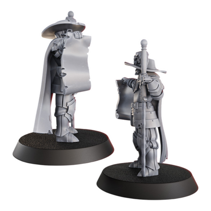 CT Miniatures UK Inquisitor miniature, grey resin, holding scroll and sword, 32mm scale.