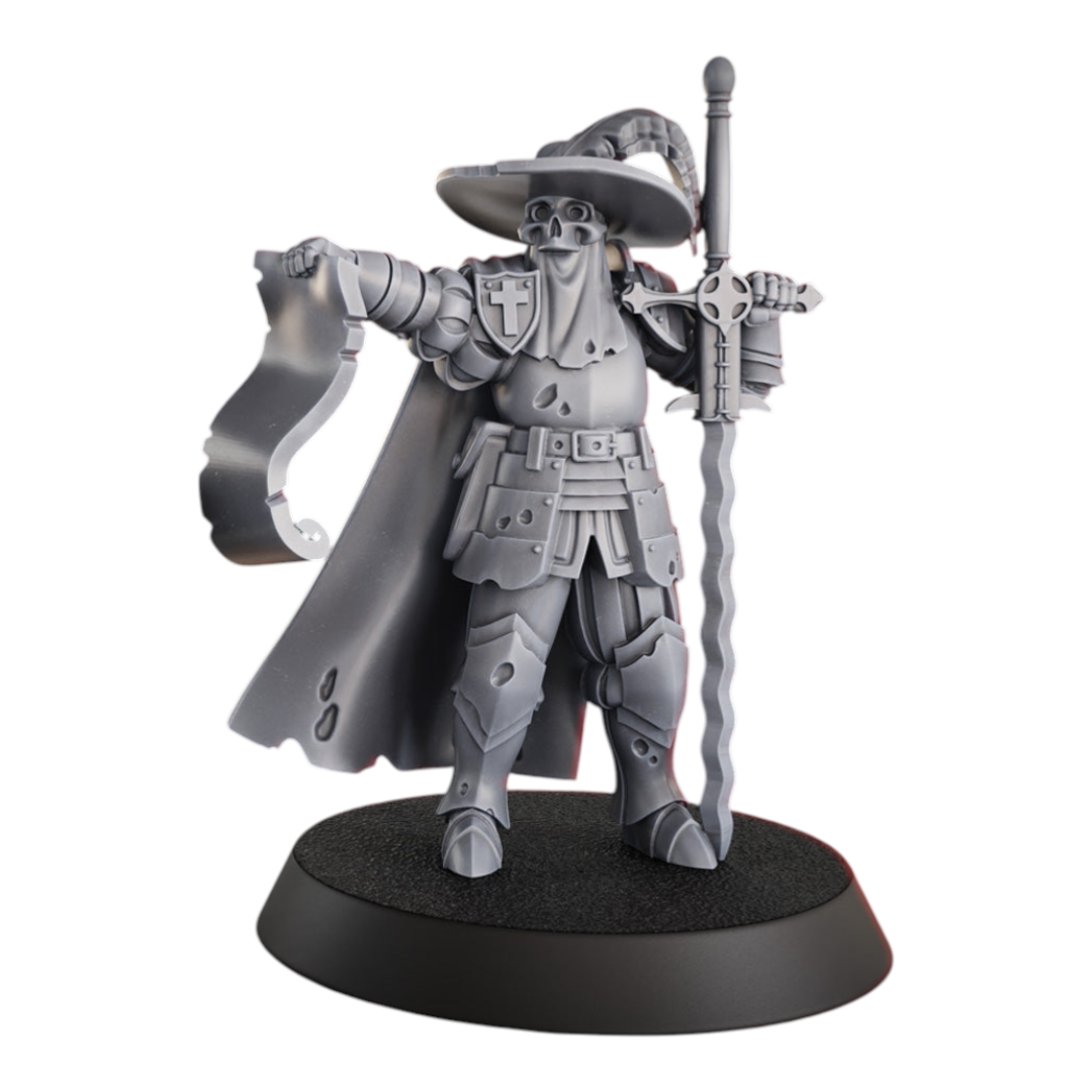 CT Miniatures UK Inquisitor miniature, grey resin, wearing a wide-brimmed hat, cape, and ornate armor, holding a scroll and a large sword.