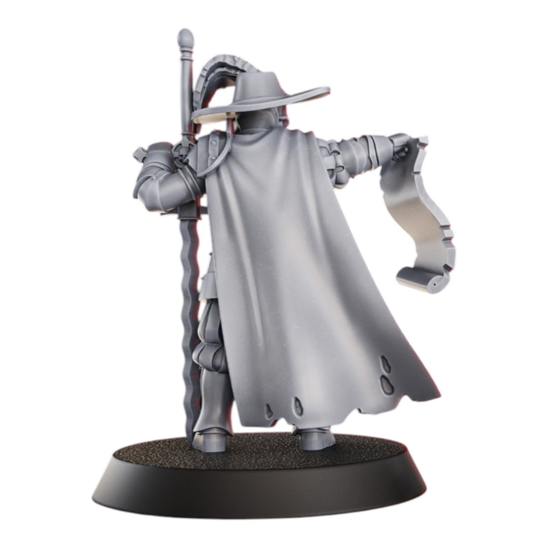CT Miniatures UK Inquisitor miniature, grey resin, wearing a hat and cape, holding a sword and scroll.