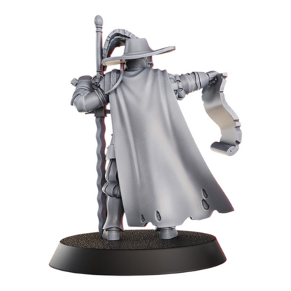 CT Miniatures UK Inquisitor miniature, grey resin, wearing a hat and cape, holding a sword and scroll.