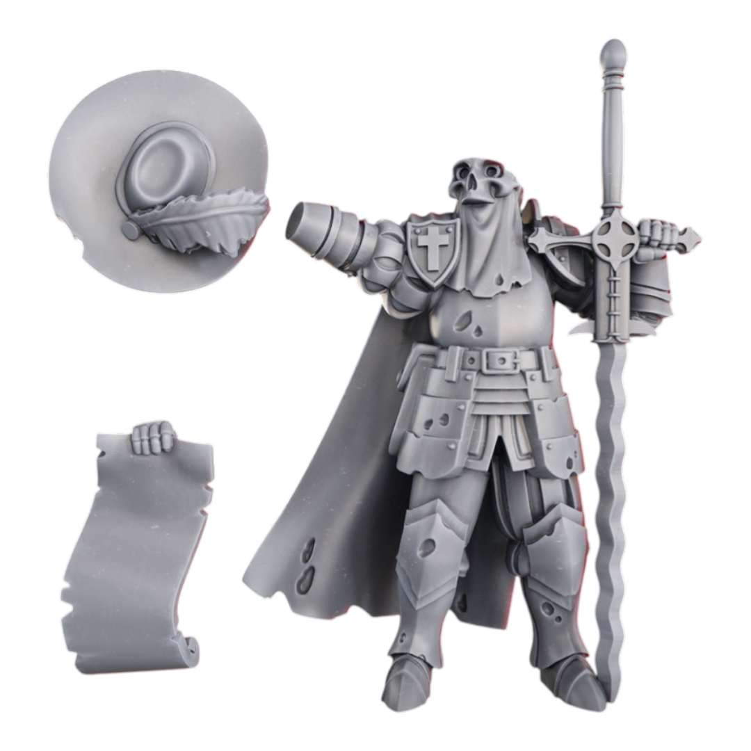 CT Miniatures UK Inquisitor miniature, grey resin, skull face, ornate sword, cape, scroll, and hat accessories.