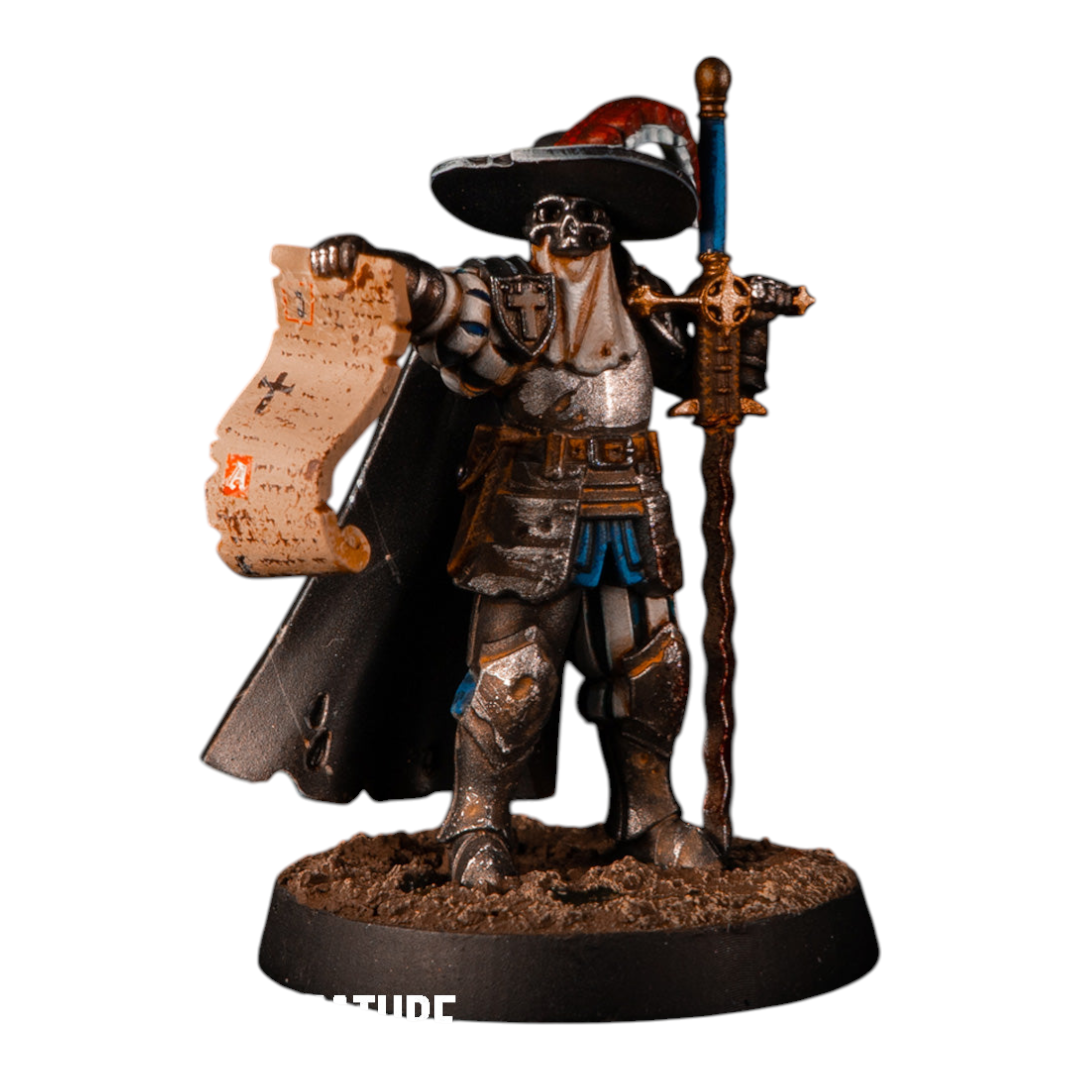 CT Miniatures UK Inquisitor miniature, clad in silver armor, black cape, red hat, holding a scroll and a sword.
