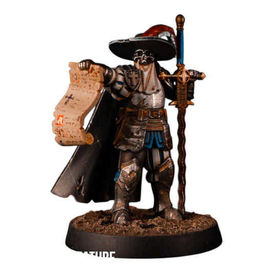 CT Miniatures UK Inquisitor miniature, clad in silver armor, black cape, red hat, holding a scroll and a sword.