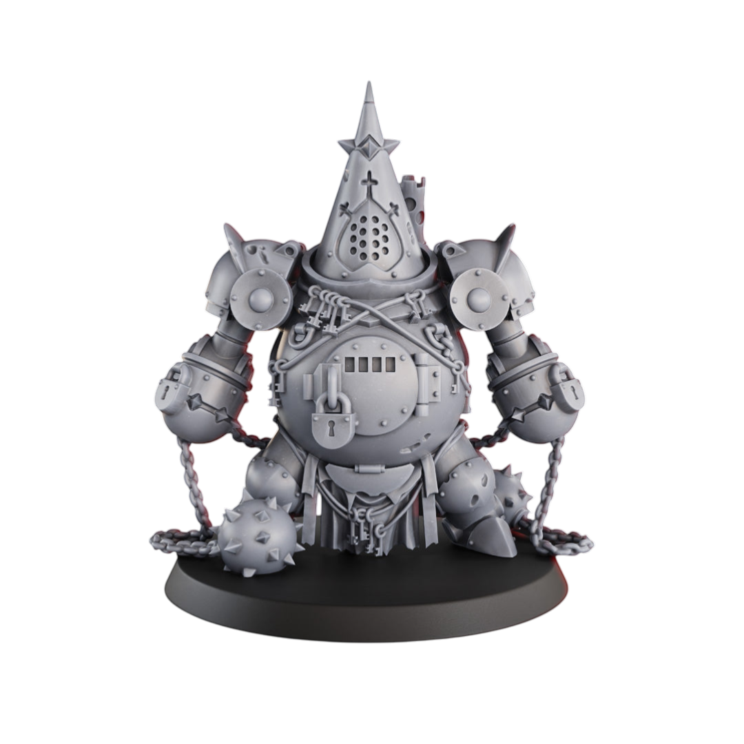 CT Miniatures UK Jaula de Castigo miniature, a grey resin, mechanical golem with a conical helmet, locks, chains, and spiked balls.