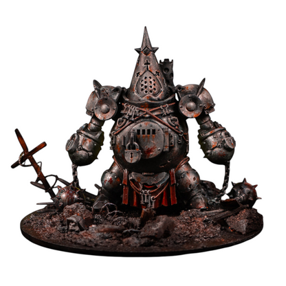 CT Miniatures UK Jaula de Castigo grimdark miniature, a rusted mechanical golem with a spiked helmet and a locked chest plate.