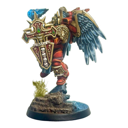 CT Miniatures UK CL Jetpack Captain miniature with red armour, gold trim, feathered wings, and ornate shield. Includes jetpack, hammer, and base.