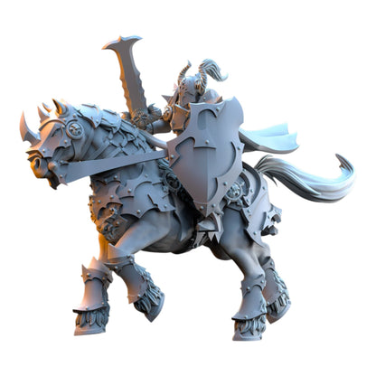 CT Miniatures UK 3D printed grey resin knight on armored horse with sword and shield for tabletop wargaming