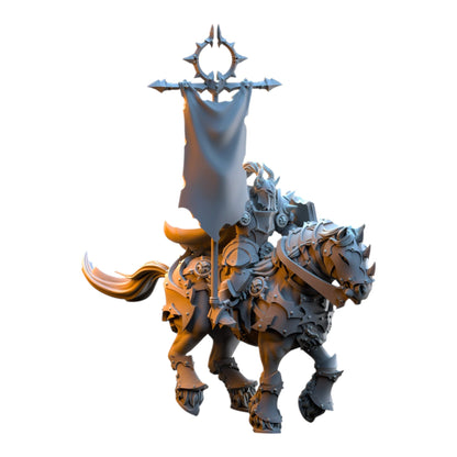 CT Miniatures UK 3D printed grey resin knight on horseback with a standard bearer banner for fantasy wargaming